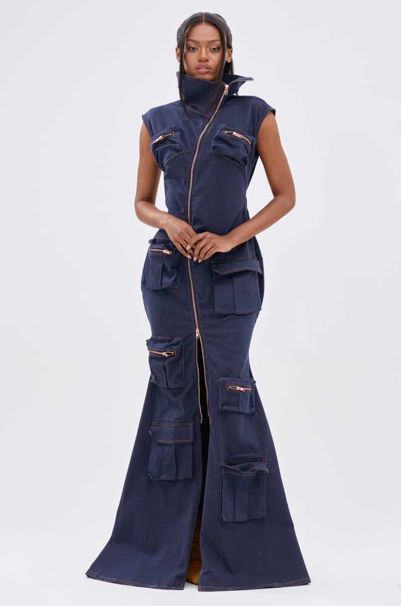 DONT MESS WITH ME COLLARED DENIM MAXI DRESS